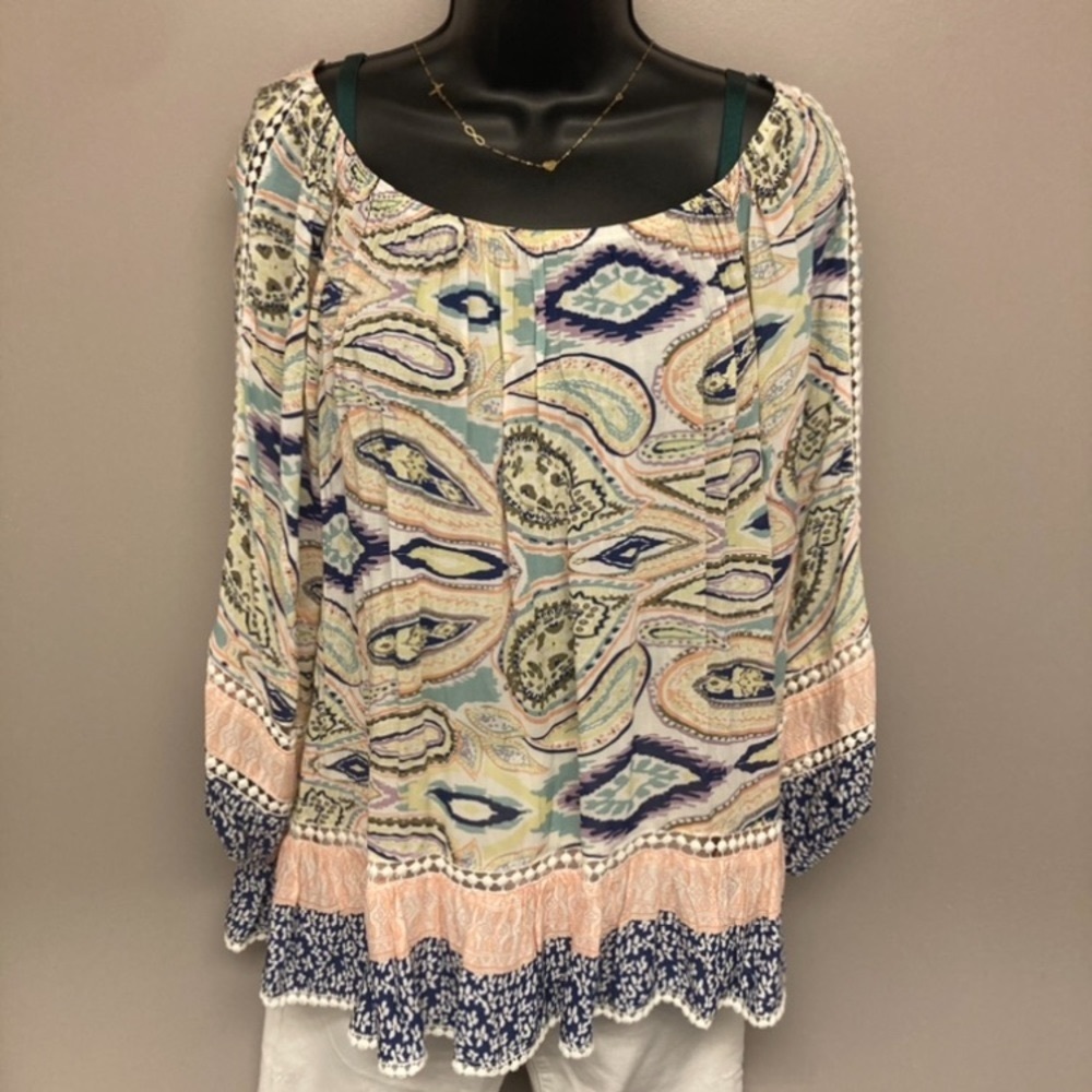 FEVER Abstract Mosaic Print Sealife Embroidered Eyelet Tunic Boat Neck Pastels M